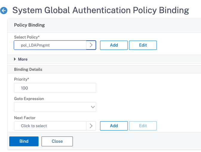 Binden Sie die LDAP-Authentifizierungsrichtlinie global