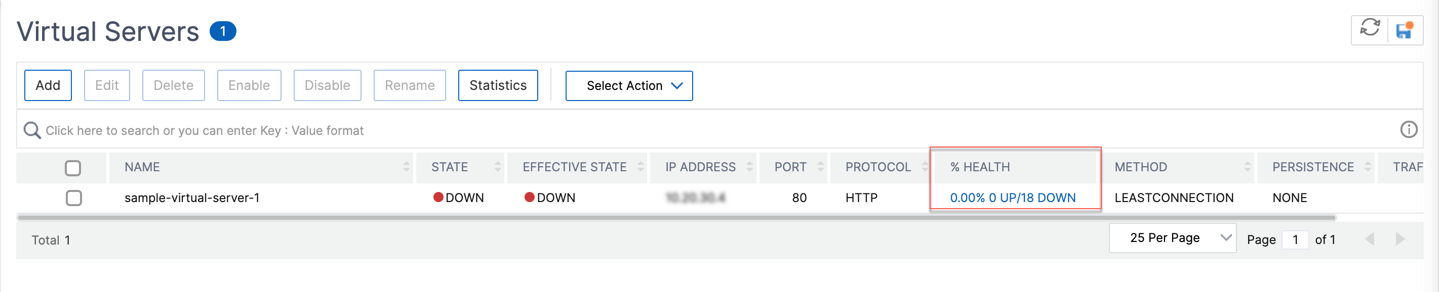 Spalte Serverstatus auf der Seite des virtuellen Servers