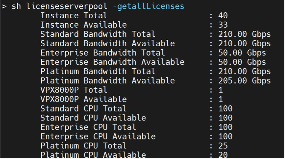 `show ns licenseserverpool -getallLicenses` command output