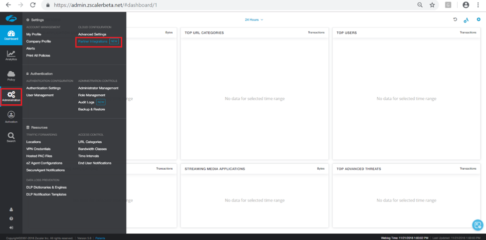 Zscaler dashboard administration