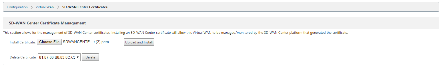 上传并安装 SD-WAN Center 证书