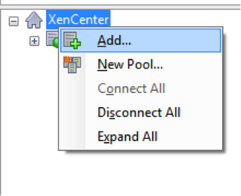 Screenshot von XenCenter, Rechtsklick auf XenCenter und Auswahl von Hinzufügen