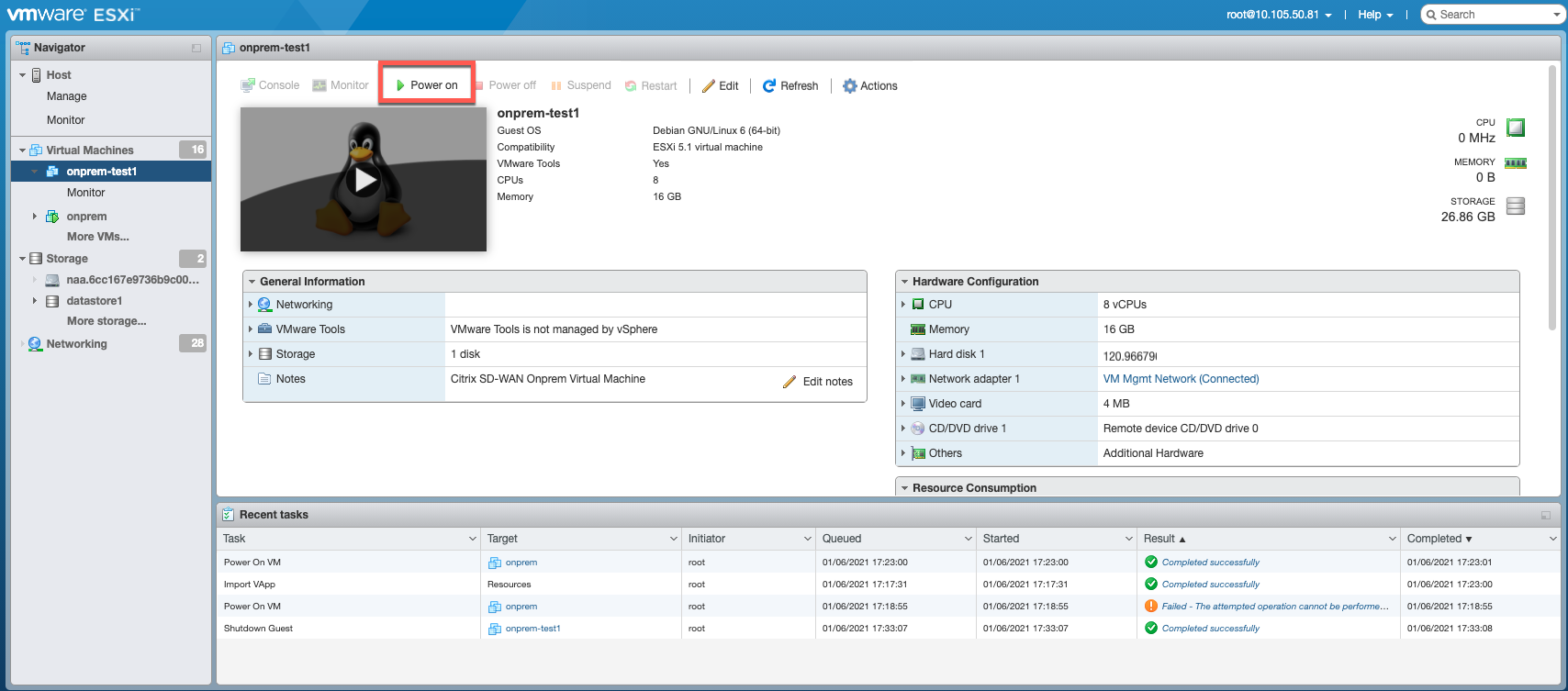 ESXI VM power on