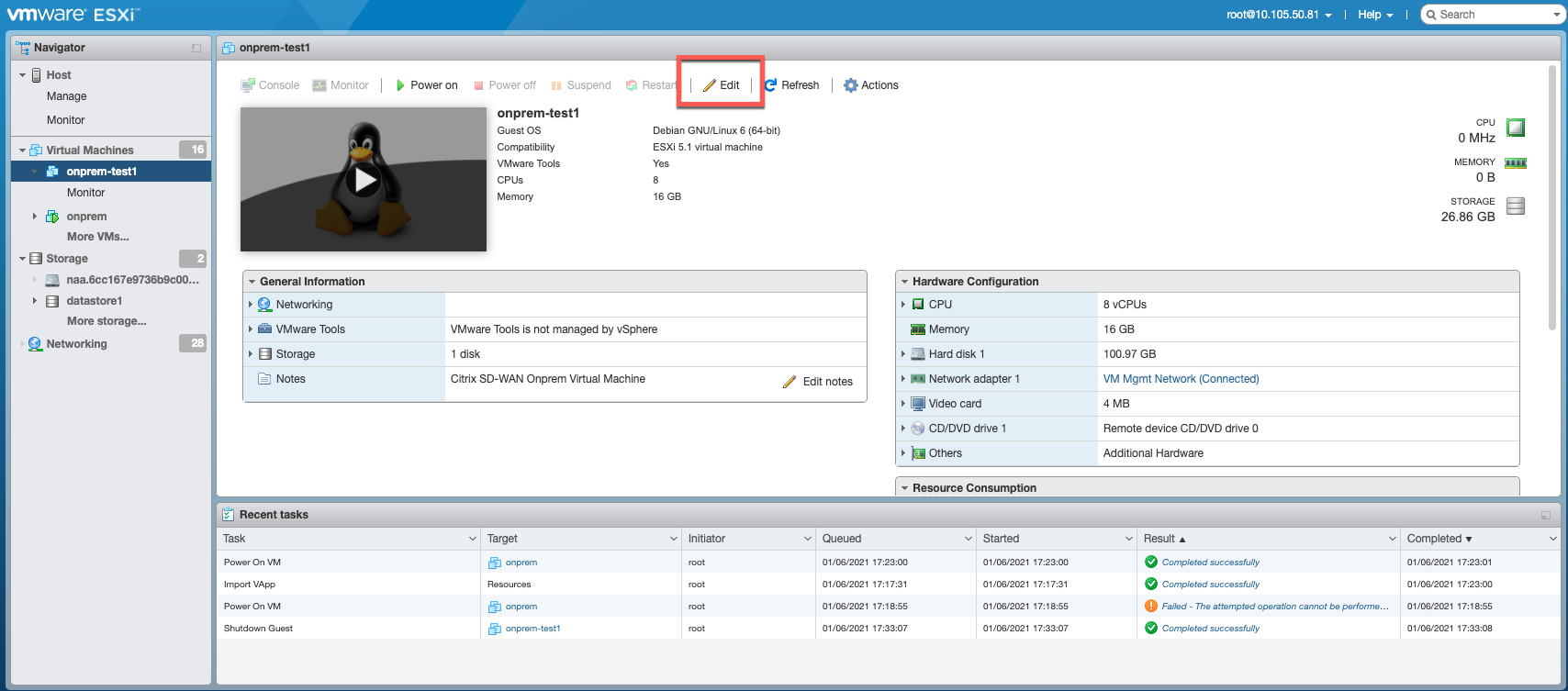 ESXI virtual machine edit option