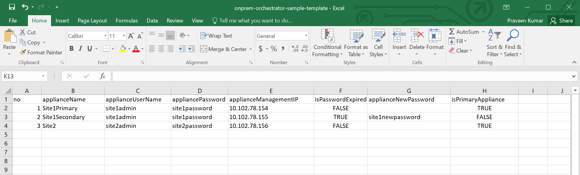 Sample CSV template