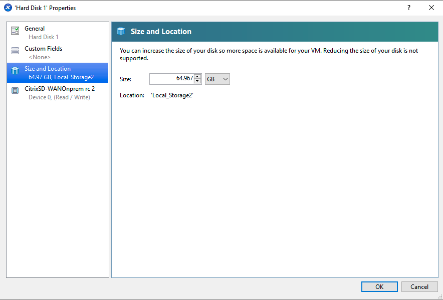 Citrix Hypervisor size and location option