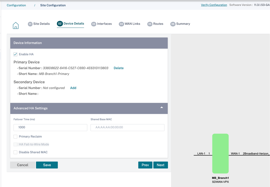 Gerätedetails zur Konfiguration auf Site-Ebene