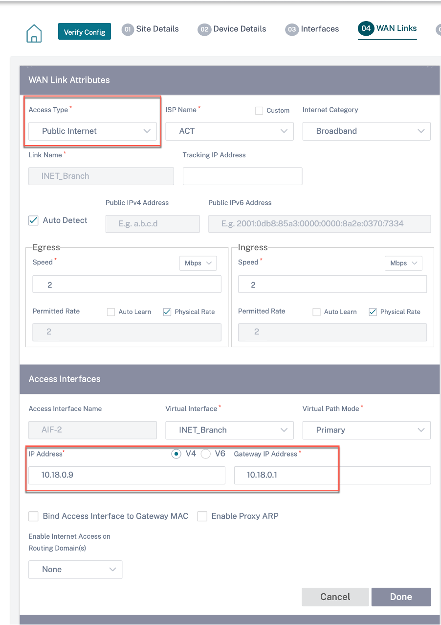 Inline mode internet-wan-link