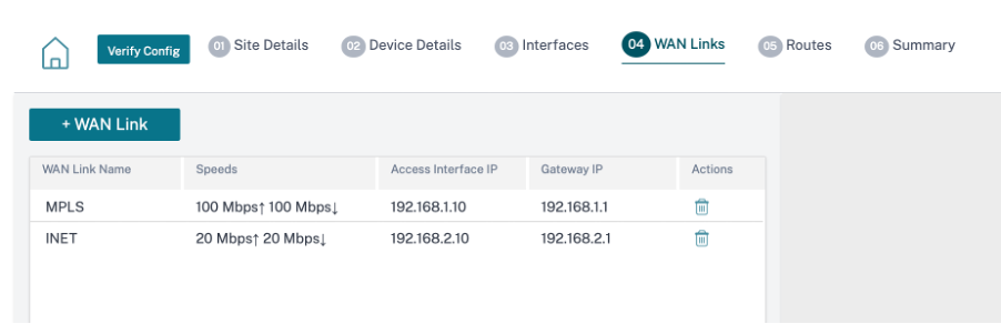 Internet-WAN-Linkliste im virtuellen Inlinemodus