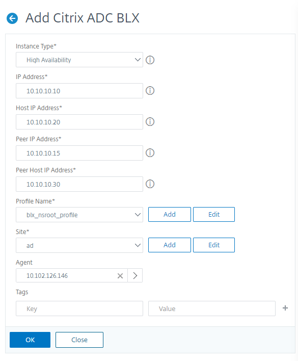 Add NetScaler BLX high-availability instances to NetScaler ADM