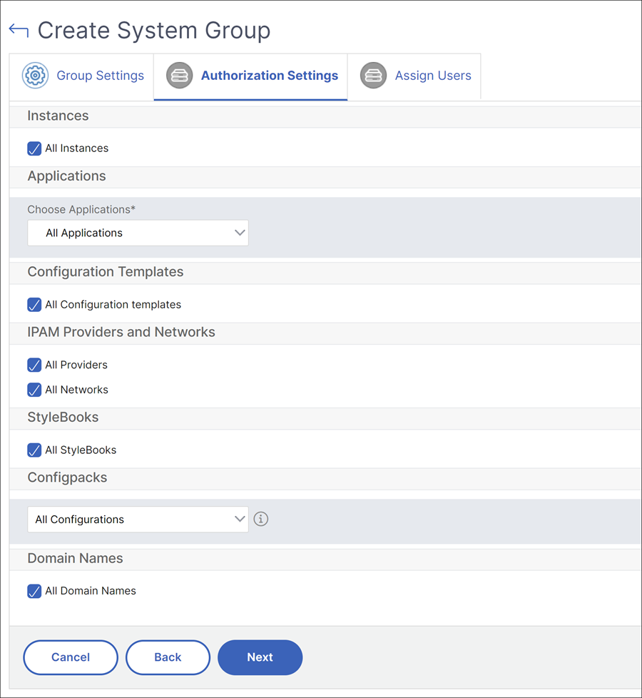 Categories in authorization settings