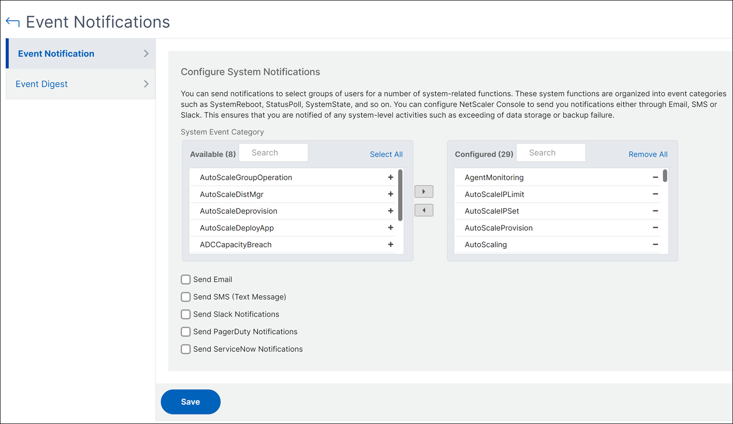 Configure system notifications
