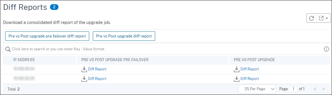 Télécharger un rapport de différences d'une tâche de mise à niveau ADC