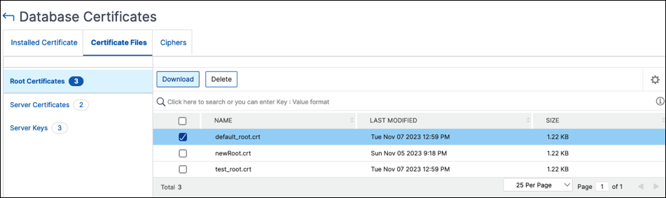 Manage database certificate
