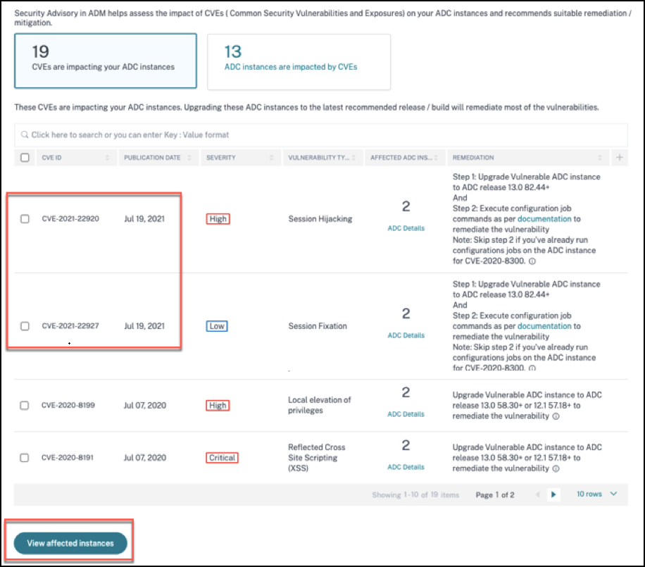 Tableau de bord des avis de sécurité pour CVE-2021-22927 et CVE-2021-22920