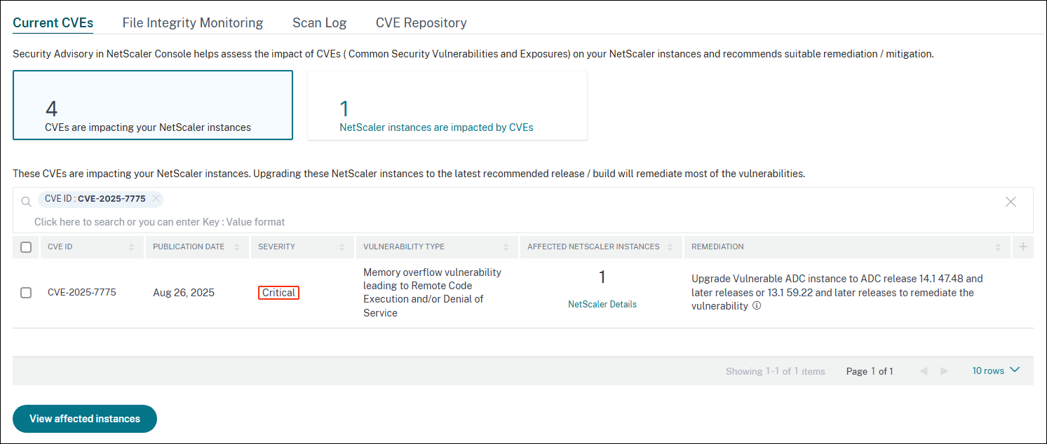 Security advisory dashboard for CVE-2025-7775