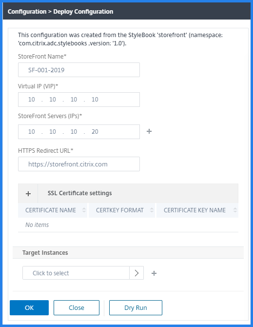 Specify the details to configure the StoreFront servers with NetScaler instances