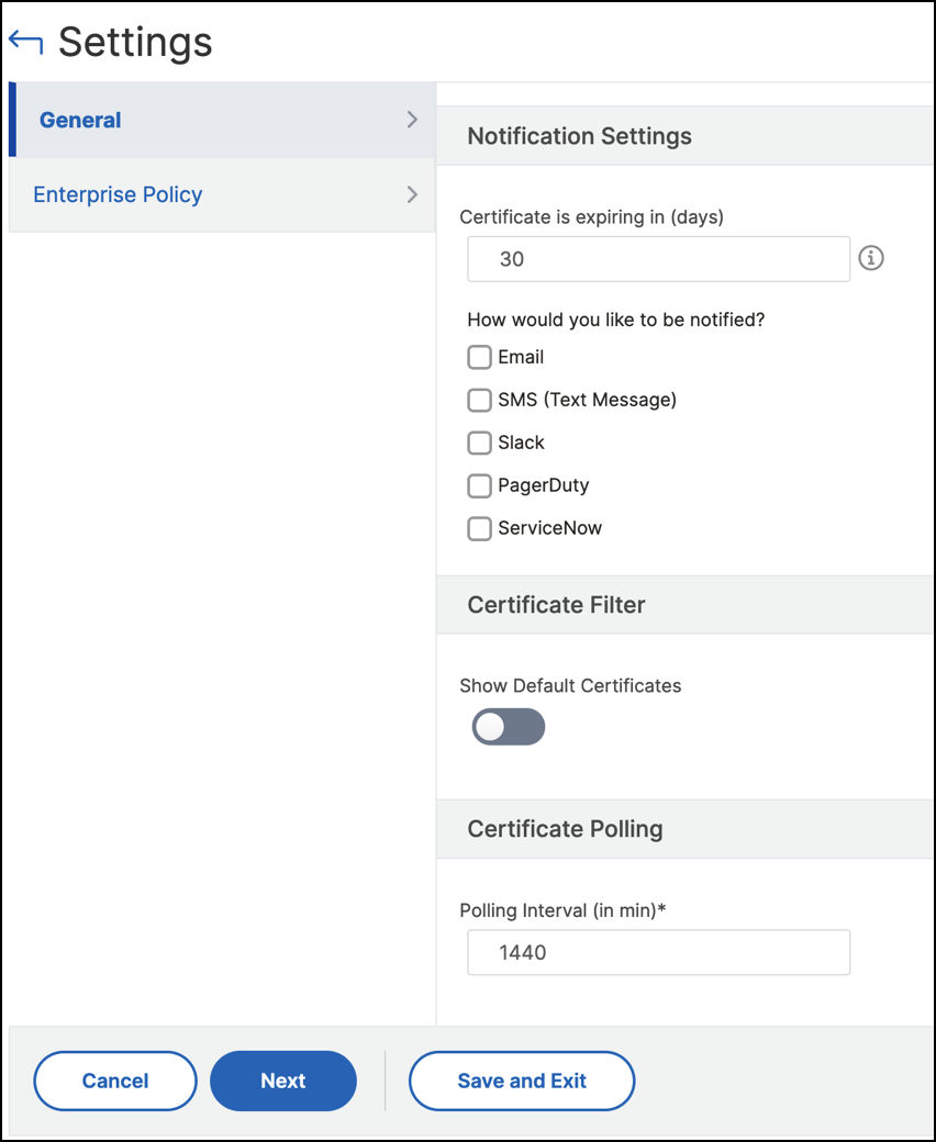 Show default certificates
