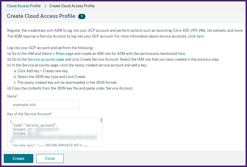 Access the Google Cloud account from NetScaler Console