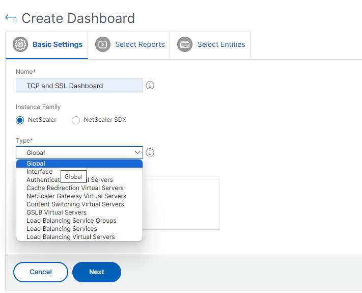 Select the dashboard type