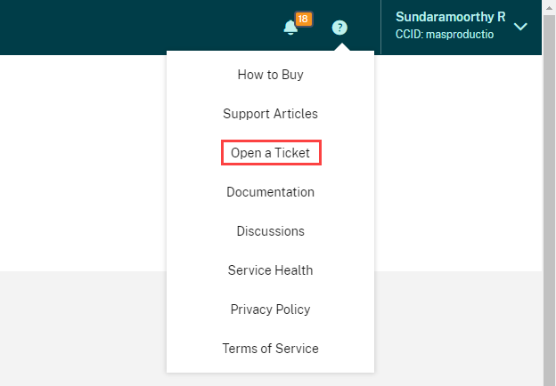 Citrix Cloud Feedback and Support icon with Open a Ticket menu option highlighted