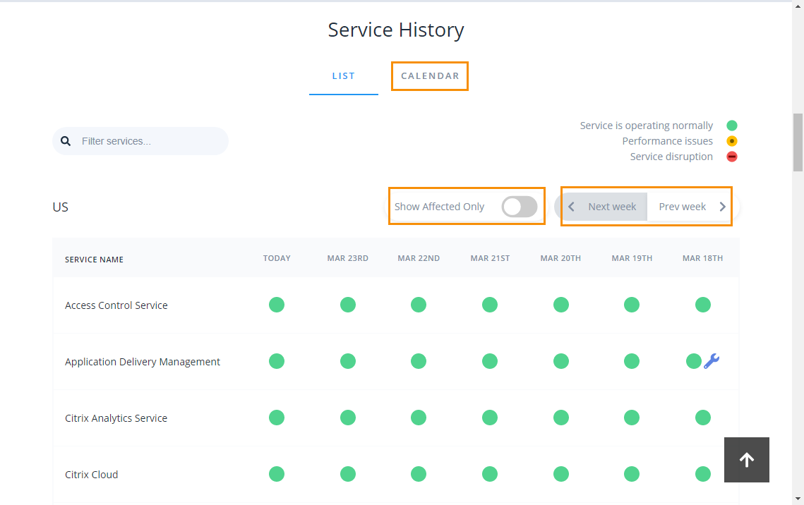 Service history view