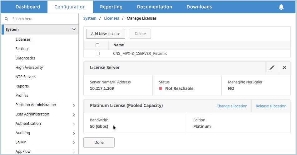 License details of the license server