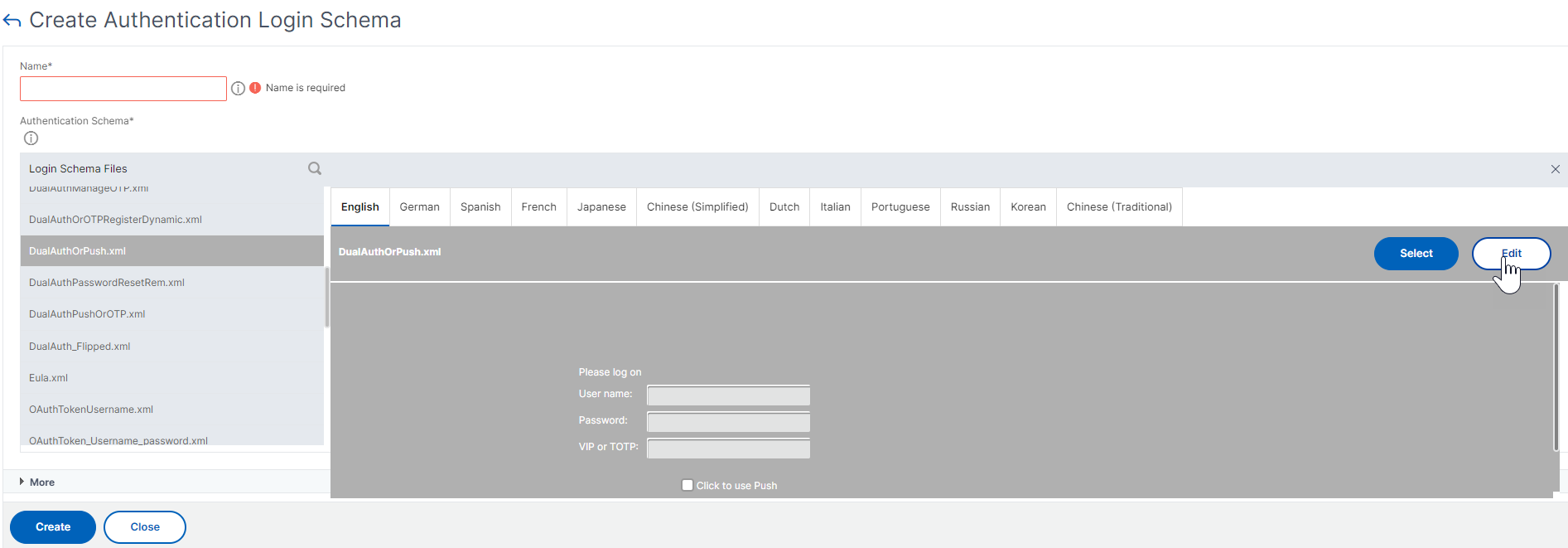 Edit authentication schema